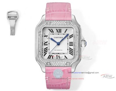 AAA Swiss Cartier Santos Diamond Bezel Pink Leather Strap Couple Watch 